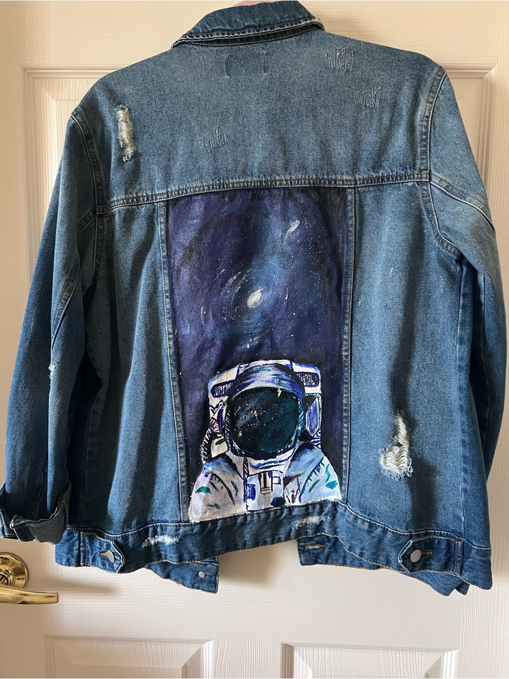 bp Upcycled Hand Painted Astronaut Space Denim Distressed Jacket Medium NWOT - Picture 8 of 10
